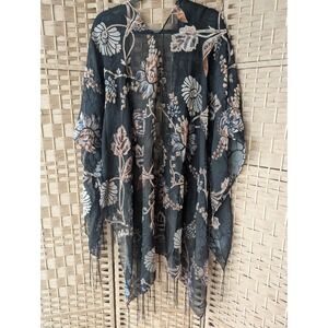 Black Burnout Velvet Floral Kimono Wrap Fringe Sheer Boho Swim Coverup Resort